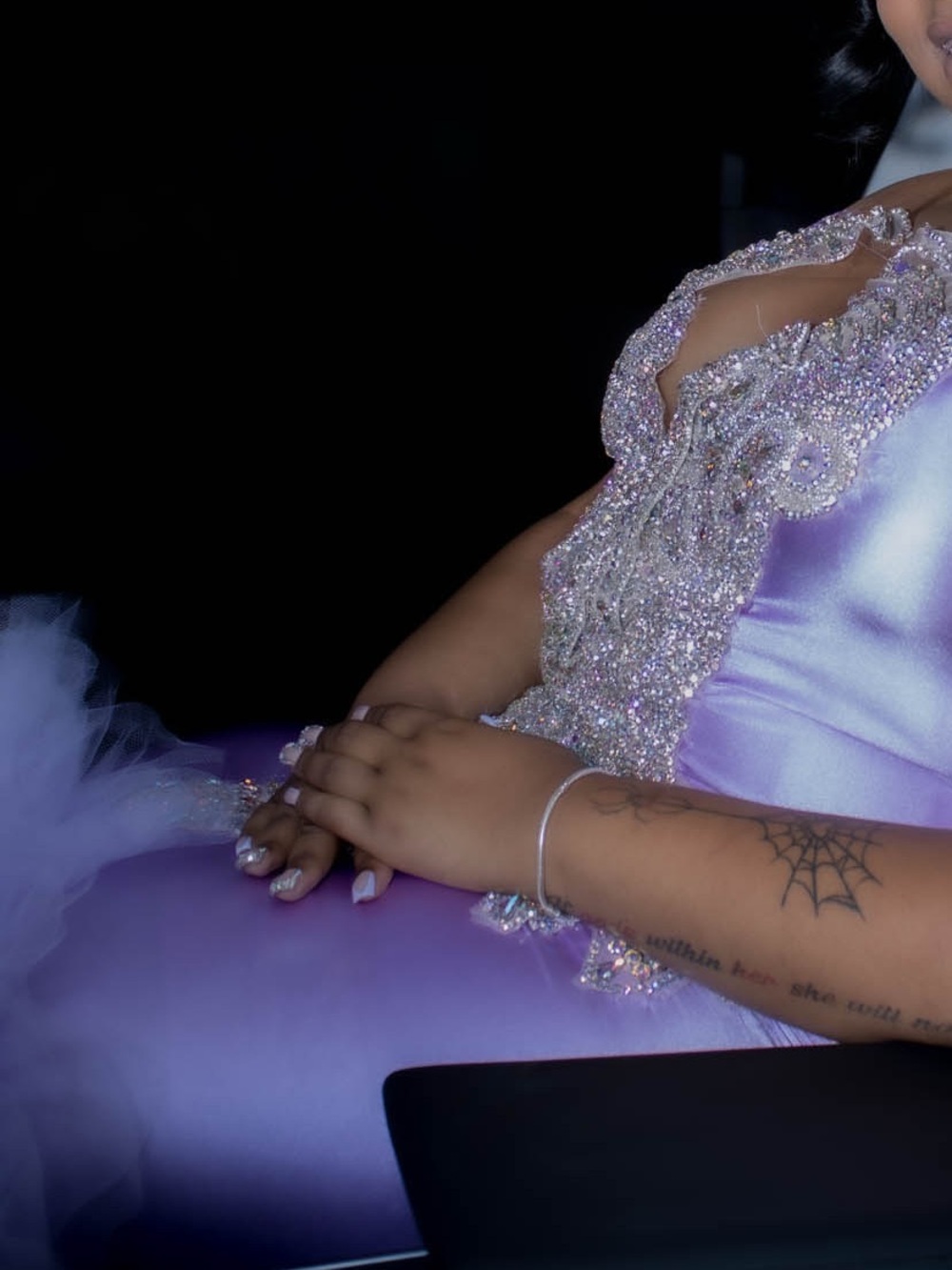 Lilac Satin Prom Dress with Beaded Bodice
